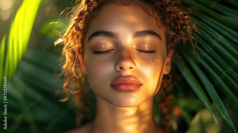 A woman with braided hair stands in front of vibrant green plants, her expression peaceful and content, as the light gently highlights her features