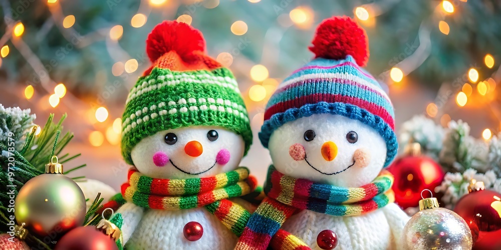 close up of friendly group snowmen wearing hats and scarf close up of friendly group snowmen wearing hats and scarf
