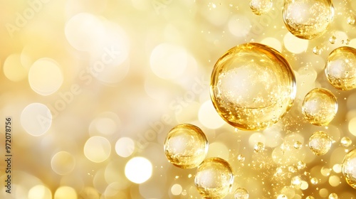 Golden Cosmetics Bubbles, Abstract Molecular Motion in Luxe Fluid
