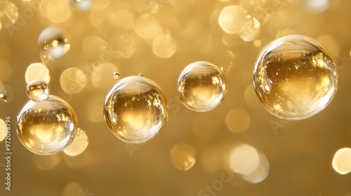 Golden Cosmetics Bubbles, Abstract Molecular Motion in Luxe Fluid photo