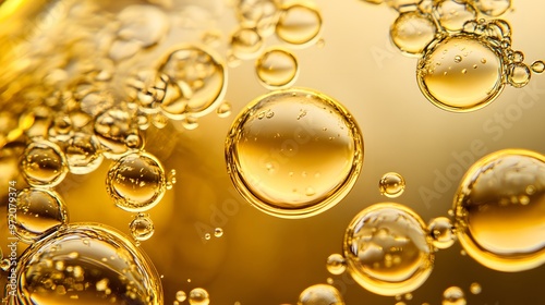 Golden Cosmetics Bubbles, Abstract Molecular Motion in Luxe Fluid