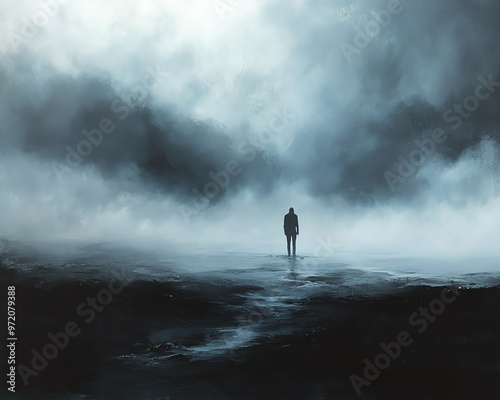 Loneliness and depression symbolized in a dark fogfilled panoramic image, distant figure, emotional weight, misty and haunting landscape photo