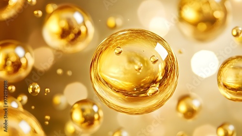 Golden Cosmetics Bubbles, Abstract Molecular Motion in Luxe Fluid photo