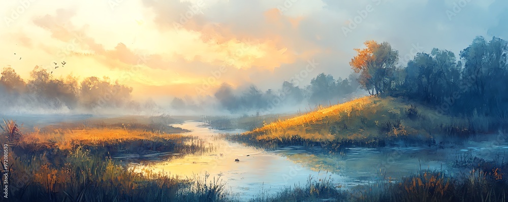 Fantasy oil painting of a grassy hill and swampy river at dawn, early fall, Dungeons and Dragons inspired background, misty and warm light, detailed brushwork, vibrant landscape Fantasy oil painting of a grassy hill and swampy river at dawn, early fall, Dungeons and Dragons inspired background, misty and warm light, detailed brushwork, vibrant landscape