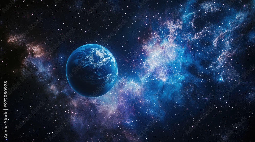 A vibrant nebula swirls around a planet, reminiscent of Earth, against a backdrop of twinkling stars. A vibrant nebula swirls around a planet, reminiscent of Earth, against a backdrop of twinkling stars.