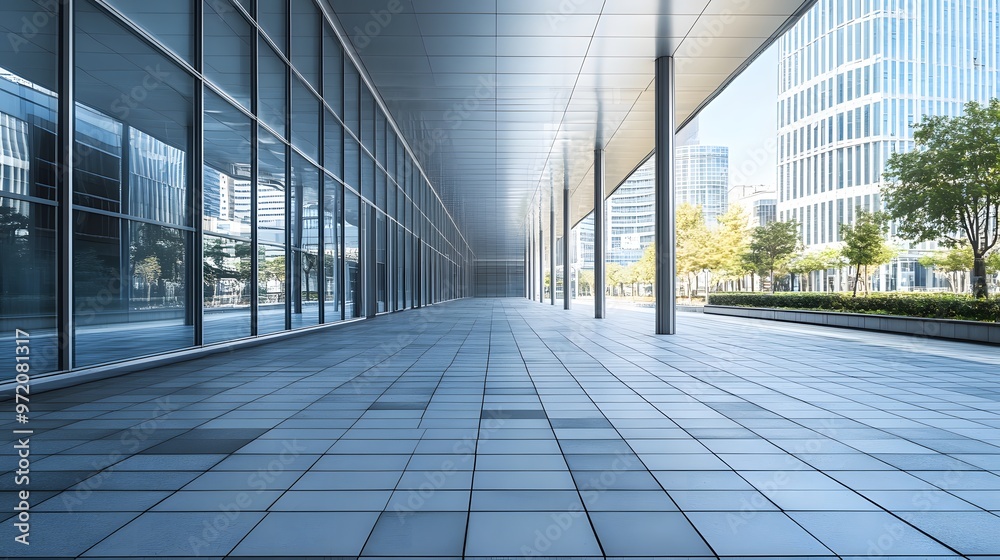 Modern Glass Building with Reflective Facade and Tiled Floor