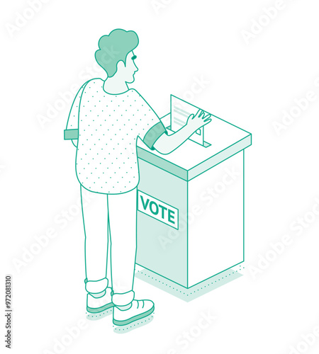 Presidential election banner. Young man drops a ballot into a ballot box at a polling station. Isometric outline concept. Male voter placing ballot in ballot box.