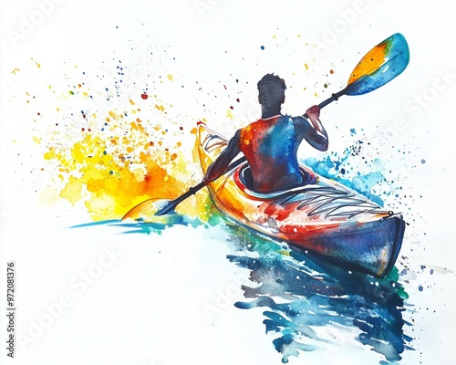 Cororful bright watercolor banner, athlete of rower in action	 photo