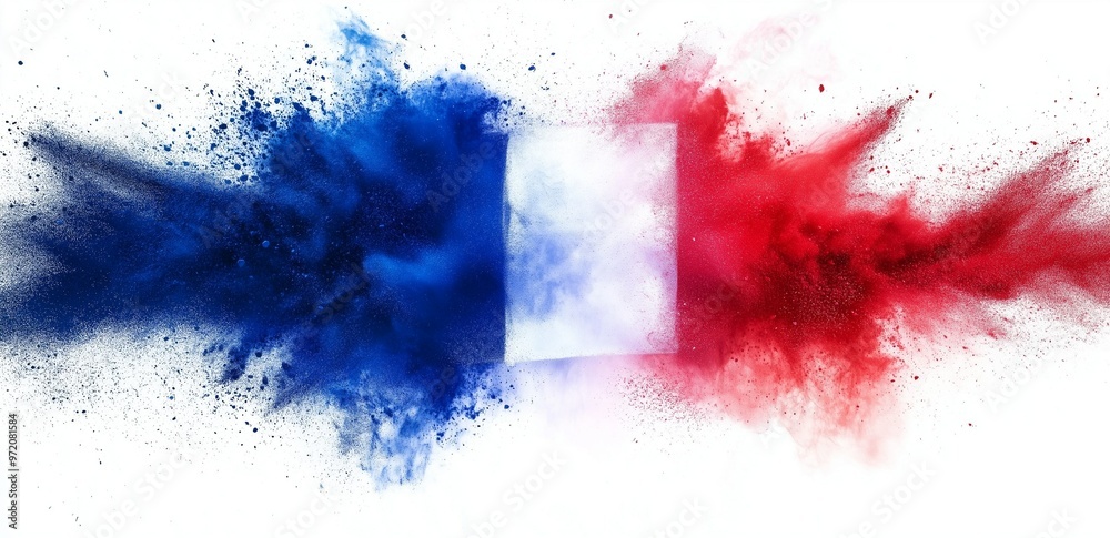 Flag of France, blue white red color, holi paint powder explosion Flag of France, blue white red color, holi paint powder explosion