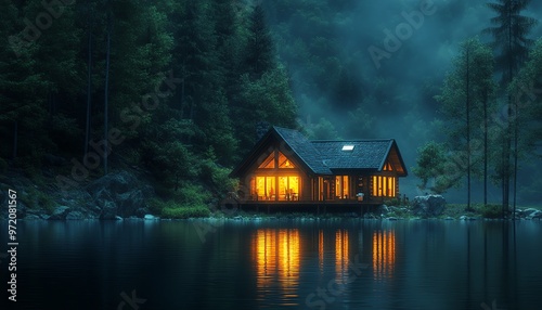 Night scene of a cabin by a lake, warm dim lights glowing inside, unexpected elements in the cozy interior, peaceful and inviting atmosphere