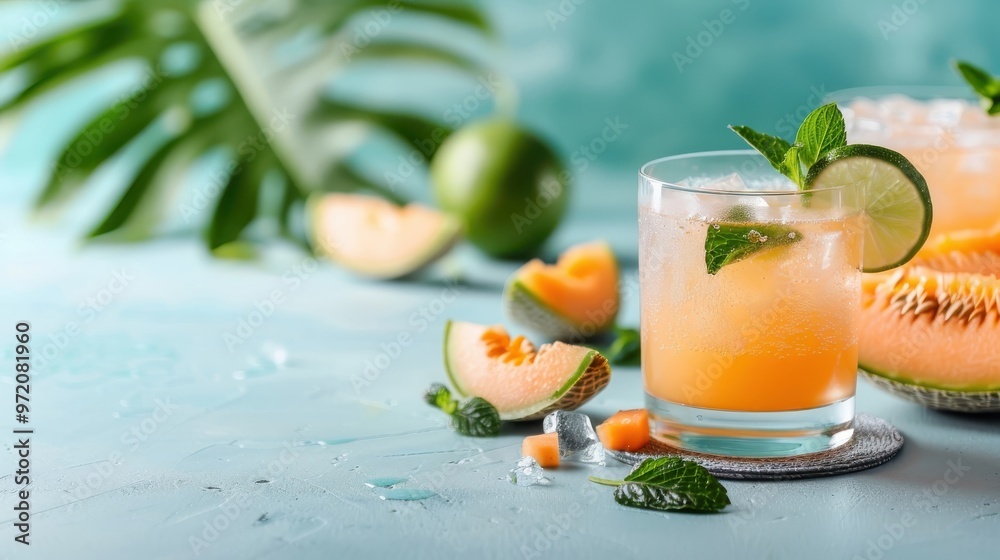 Fototapeta premium Cantaloupe juice cocktail with sparkling water and a lime twist, served in a highball glass, set against a bright summer backdrop, perfect for a refreshing drink.