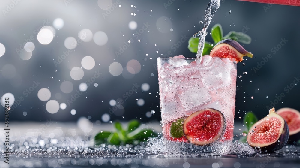 Fig juice being poured into a frosty glass, with condensation highlighting its cool and refreshing nature. Fig juice being poured into a frosty glass, with condensation highlighting its cool and refreshing nature.