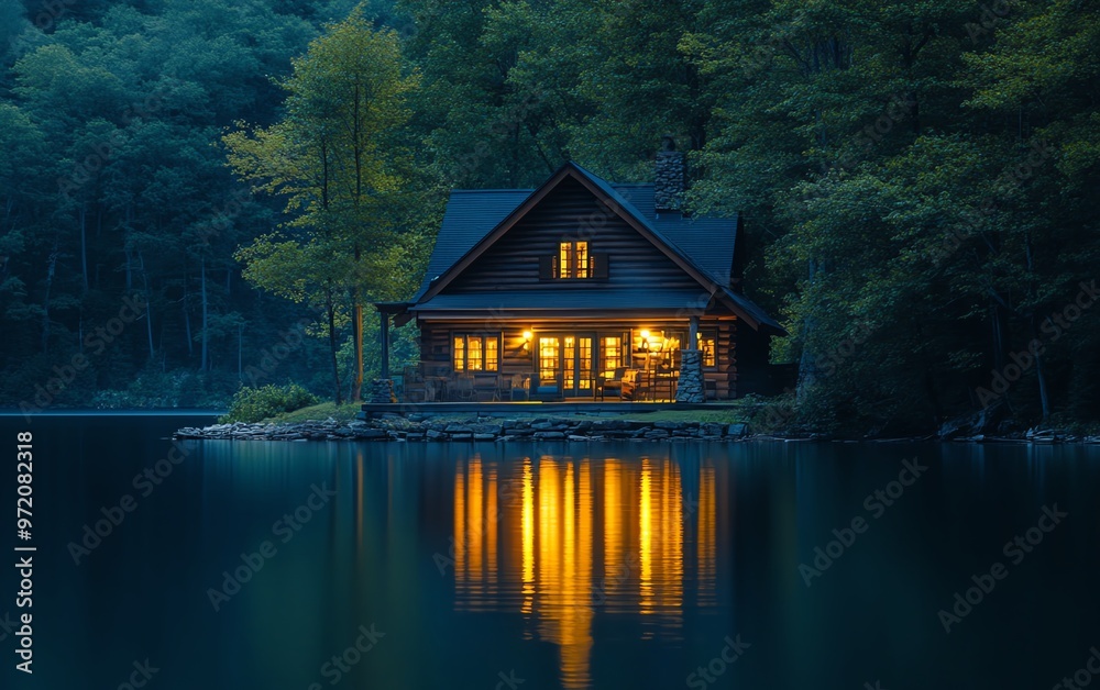 Cabin by a lake at night, interior softly lit with warm dim lights, intriguing and unexpected details, cozy and serene setting Cabin by a lake at night, interior softly lit with warm dim lights, intriguing and unexpected details, cozy and serene setting