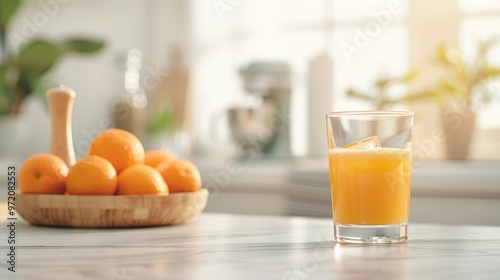 Freshly squeezed orange juice with ice cubes, sunny kitchen counter, bowl of oranges, citrus juicer.