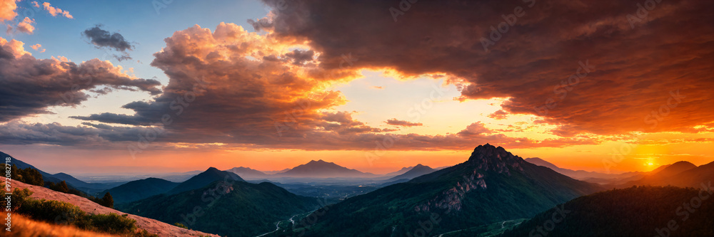 Peaceful mountain sunset with golden light and calm orange skies creating a serene atmosphere perfect for capturing the tranquil beauty of nature and the relaxing summer mood in a panoramic landscape Peaceful mountain sunset with golden light and calm orange skies creating a serene atmosphere perfect for capturing the tranquil beauty of nature and the relaxing summer mood in a panoramic landscape