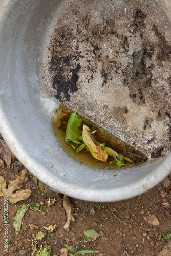 фотографія rain water collected in aluminum container outdoor, stagnant water in unattended