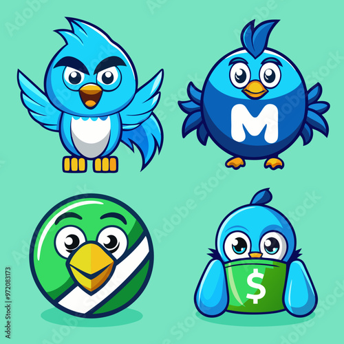 4 different cartoon-style logos for a blue bird mascot, a money bag logo, lettering with an M in the middle, a turquoise and green color scheme, a cute character design, a web3 game art style.