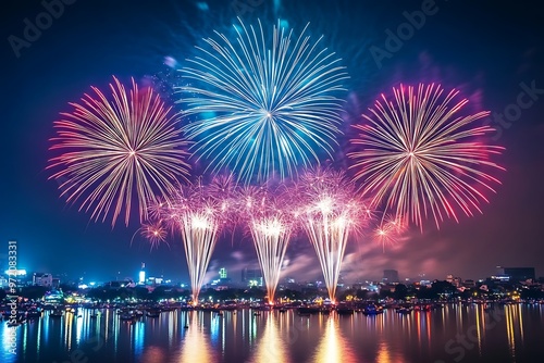 Fireworks Celebration with cityscape night light view of Chiang Mai at night in New Year time photo