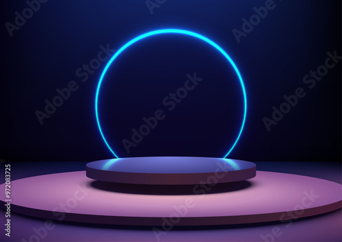 3D Technology Display with Neon Blue Light Above Circular Platform, Perfect for Futuristic Mockups, Showroom Displays, and Showcases on a Dark Purple Scene
