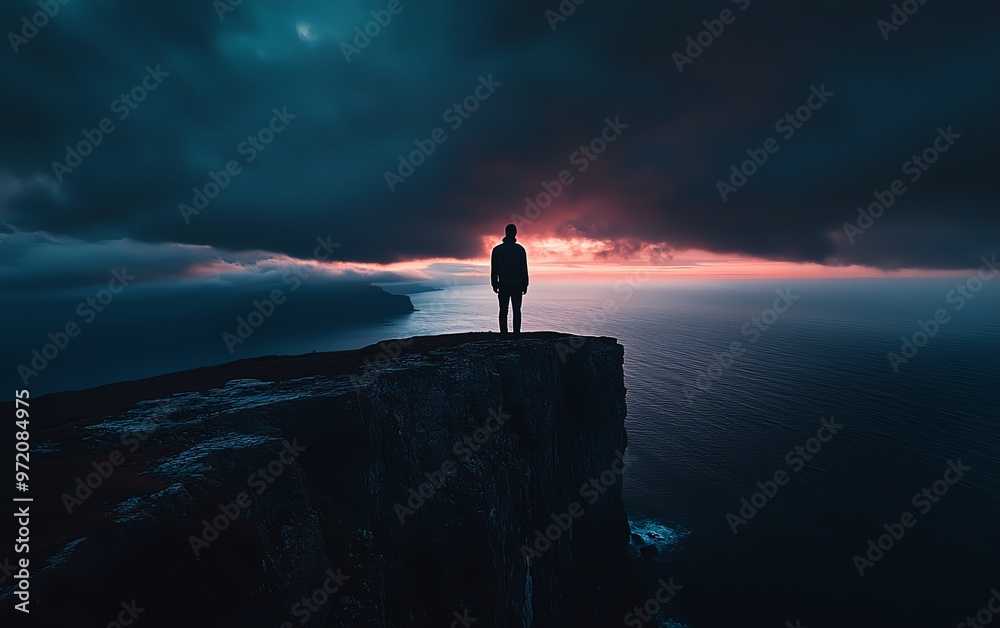 Person at the cliffs edge at dusk Person at the cliffs edge at dusk