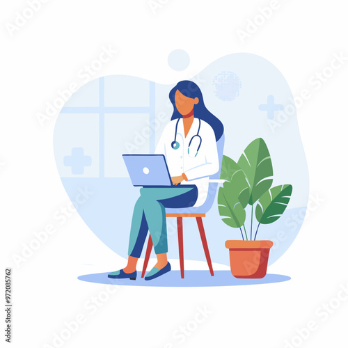 Female Doctor Sitting with Laptop on Chair Vector