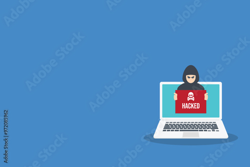 Hacker with hacked note, stealing confidential data, personal information and credit card detail. Hacking concept.	