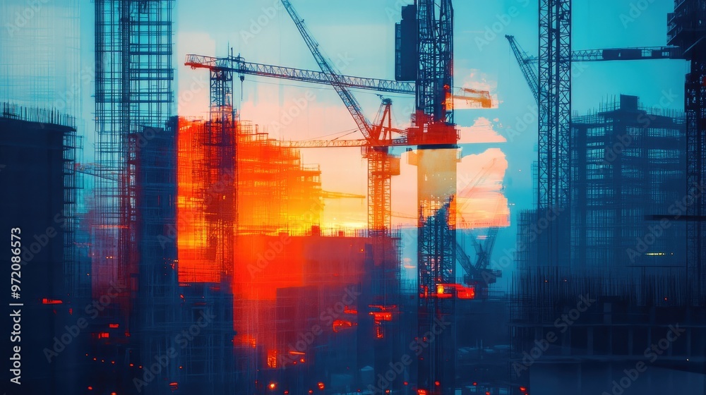 A double exposure image of a construction site at sunset, with cranes and buildings silhouetted against a fiery sky. A double exposure image of a construction site at sunset, with cranes and buildings silhouetted against a fiery sky.