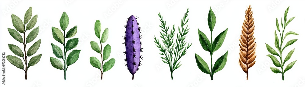 Obraz premium A collection of beautifully illustrated leaves and herbs, showcasing vibrant greens and unique shapes, perfect for nature-themed designs.