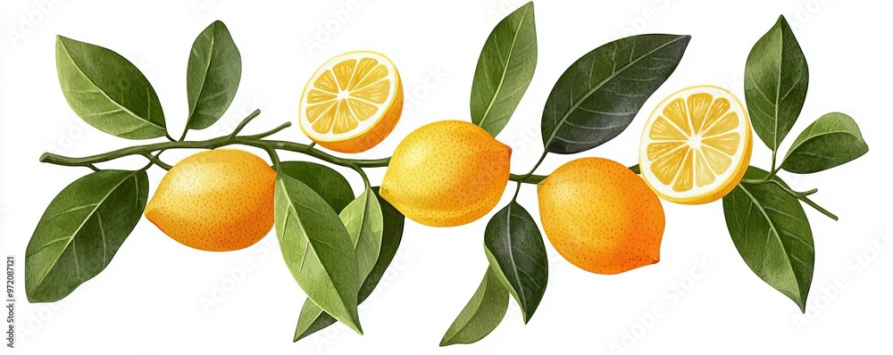 Vibrant lemons on a branch with green leaves, showcasing fresh citrus fruit and slices, perfect for culinary and health themes. Vibrant lemons on a branch with green leaves, showcasing fresh citrus fruit and slices, perfect for culinary and health themes.