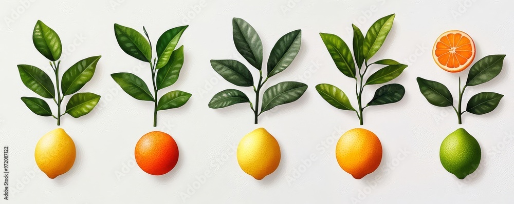 Obraz premium A vibrant display of citrus fruits with leaves, showcasing lemons, oranges, and limes, perfect for fresh food themes.