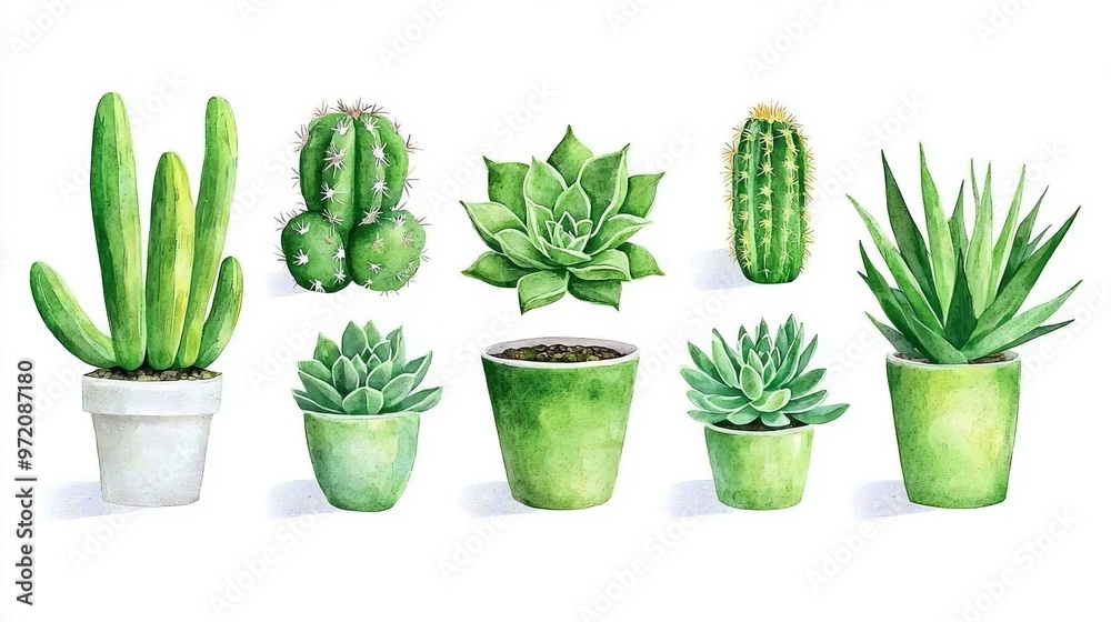 A collection of vibrant green cacti and succulents in decorative pots, perfect for home decor or nature-themed designs. A collection of vibrant green cacti and succulents in decorative pots, perfect for home decor or nature-themed designs.