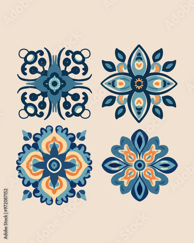 Set floral blue Oriental vintage tile patterns, seamless Azulejos design in vector Illustration