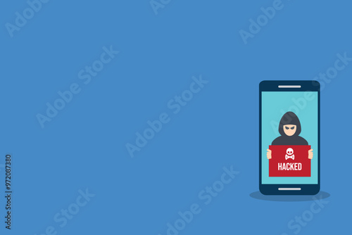 Hacker with hacked note on mobile phone , stealing confidential data, personal information and credit card detail. Hacking concept.	