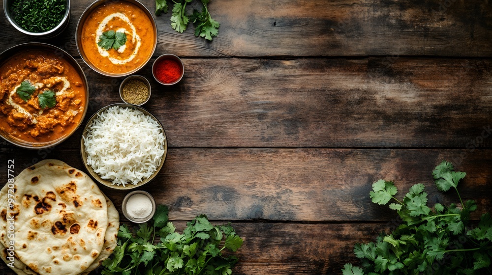 Overhead view of a delicious Indian meal with chicken curry, rice, naan bread, and fresh cilantro on a rustic wooden background. Overhead view of a delicious Indian meal with chicken curry, rice, naan bread, and fresh cilantro on a rustic wooden background.