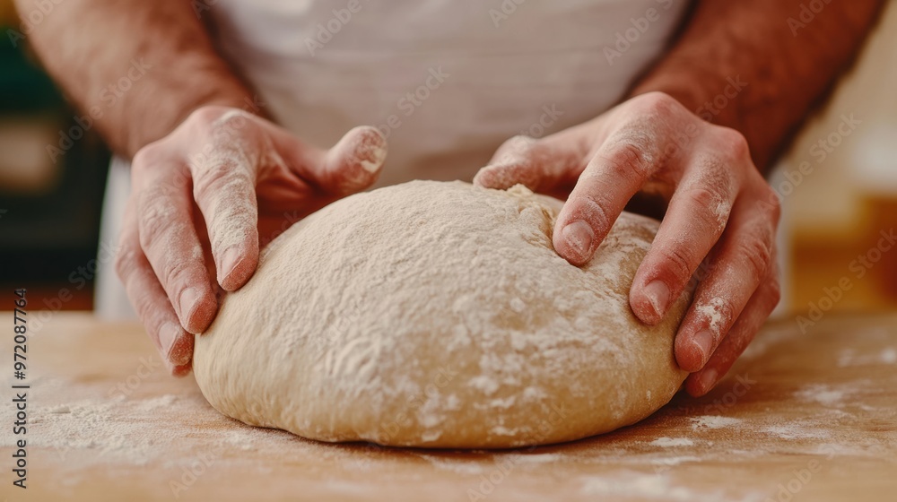 A man kneading a ball of dough on top of wooden table, AI A man kneading a ball of dough on top of wooden table, AI