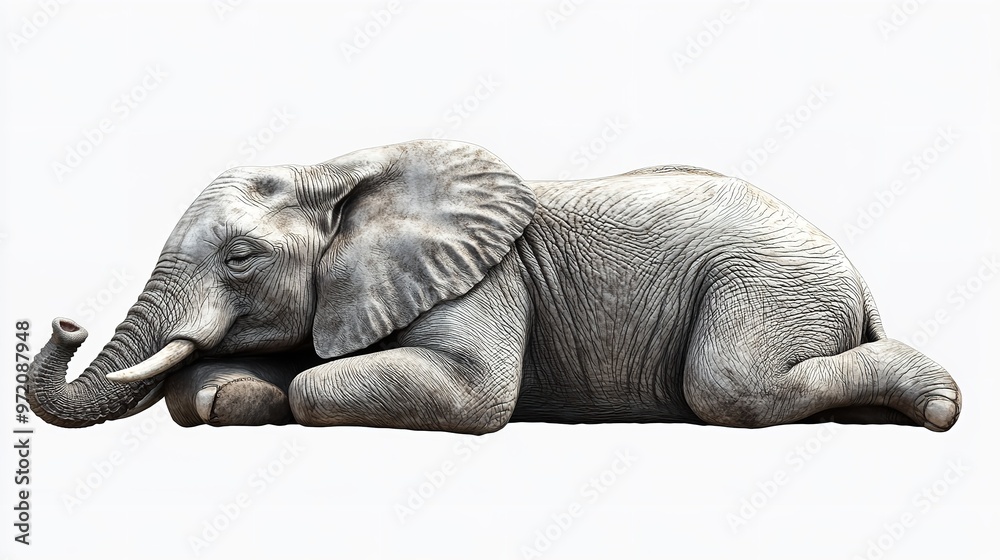 Fototapeta premium A peaceful elephant lies down on the ground, captured in a close-up shot showing its gentle and serene nature.