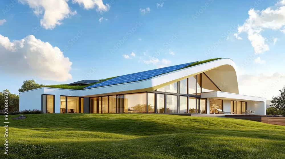 Obraz premium A modern house with a green roof on top of the hill, AI
