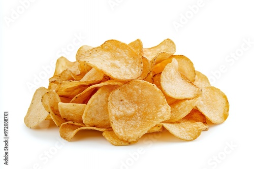 A pile of potato chips on a white background.