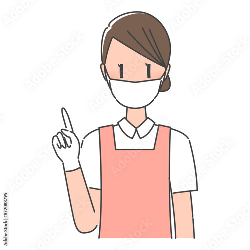 桃色のエプロン、指さし・丁寧に説明をする、マスクとグローブ着用の歯科衛生士・歯科助手