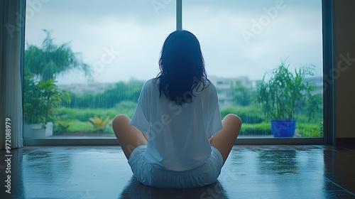 Young Woman Sitting by a Large Window, Reflecting Peacefully and Looking at the Scenic Outdoors photo