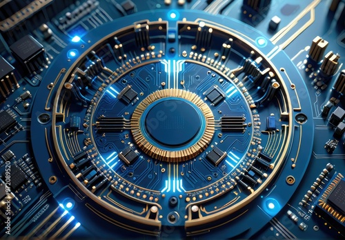 Circuit board computer Combination of blue and gold circuits in a detailed processor layout.