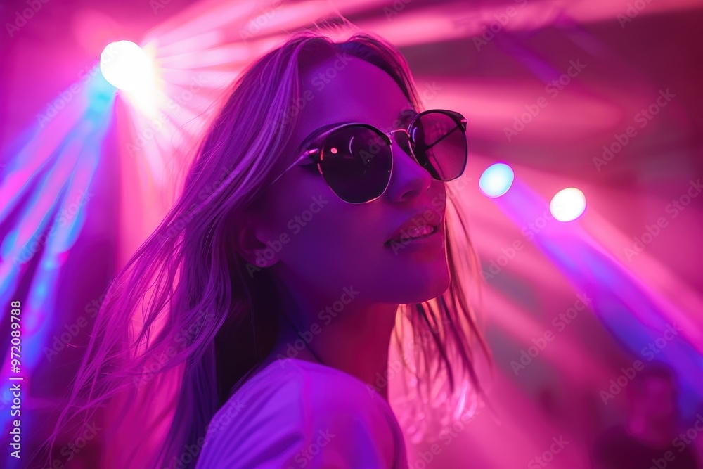 A woman is smiling and wearing sunglasses in a brightly lit room, generative ai image A woman is smiling and wearing sunglasses in a brightly lit room, generative ai image