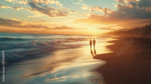 Silhouette of a couple walking hand-in-hand on the beach at sunset.