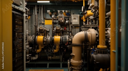 Industrial machine room showcasing pipes, pumps, and complex machinery in a modern facility.