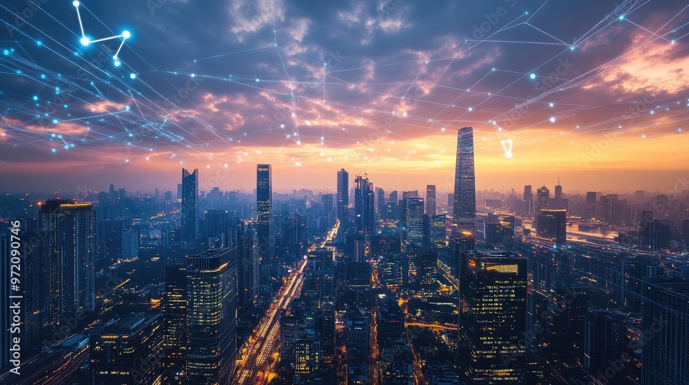 Fototapeta premium A panoramic view of a modern city skyline at sunset, with glowing lines connecting the buildings, representing the interconnectedness of technology and urban life.