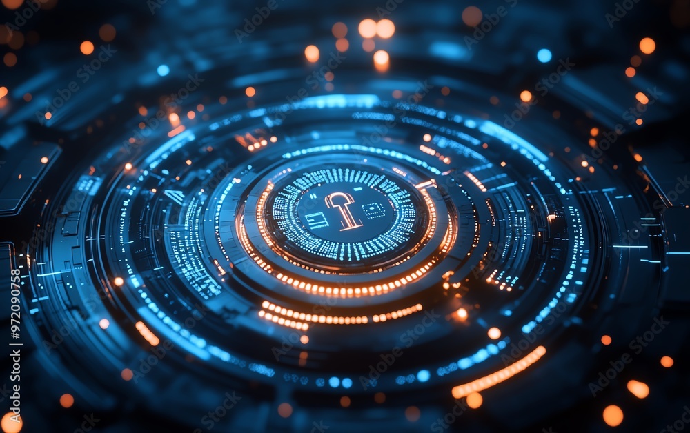 Abstract padlock with binary code, layered futuristic circles, blue and white background, representing cybersecurity protection Abstract padlock with binary code, layered futuristic circles, blue and white background, representing cybersecurity protection