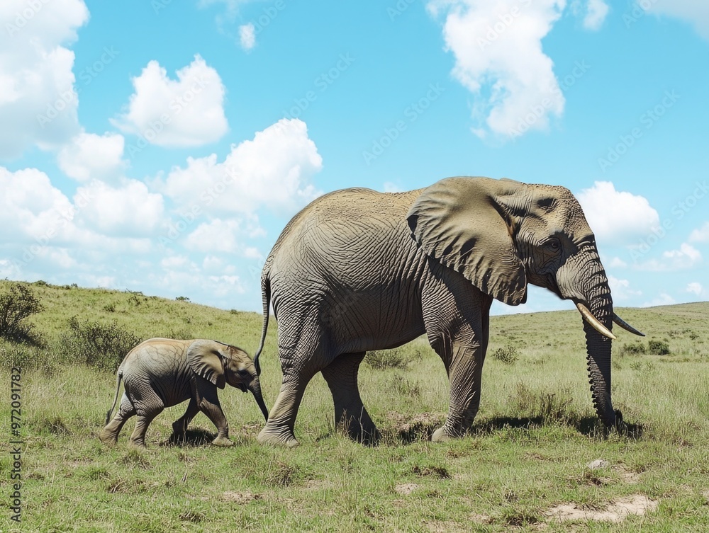 Fototapeta premium Adult and baby elephants in field