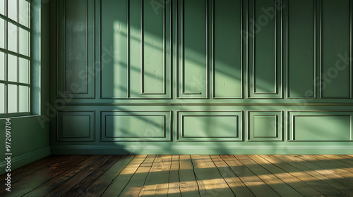 Modern classic green empty interior with wall panels and wooden floor. 3d render illustration mock up. Generative Ai.