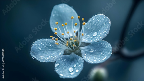 Blue Flower with Dew Drops Close Up Macro Photography