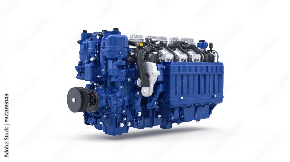 High-quality image of a blue industrial engine showcasing detailed components and craftsmanship for engineering and automotive use. High-quality image of a blue industrial engine showcasing detailed components and craftsmanship for engineering and automotive use.